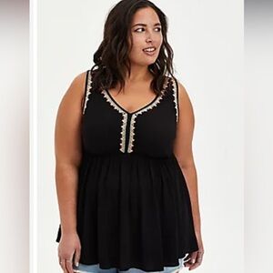 Women’s Torrid Embroidered Babydoll Crinkle Gauze Black Tank Top Size 00